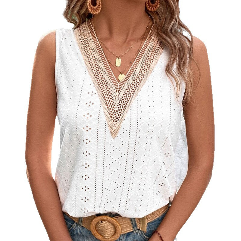 Women's sleeveless embroidery top with V-neck and crocheted lace trim StylebySassy
