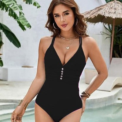 Women One-Piece Swimsuit with Deep V-Neck and Fashionable Button Details StylebySassy