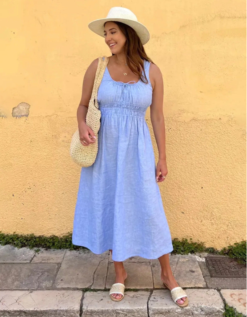 Women's knee-length linen look dress with smocked bodice, elastic waistband and wide straps StylebySassy