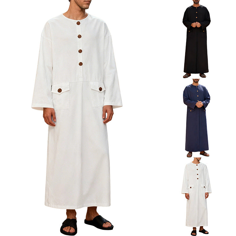 Men's long minimalist coat with round neckline, continuous button placket, and applied flap pockets StylebySassy