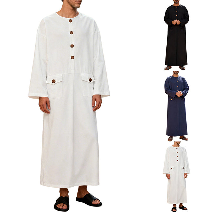 Men's long minimalist coat with round neckline, continuous button placket, and applied flap pockets StylebySassy