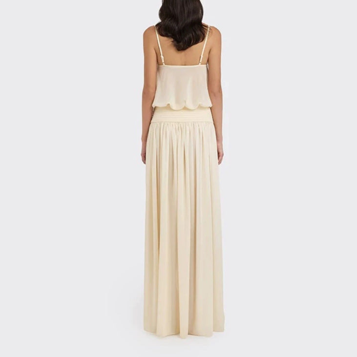 Women's maxi dress with flowing chiffon top and elastic waistband