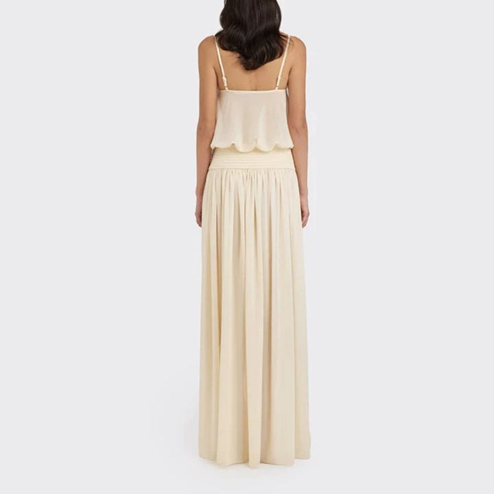 Women's maxi dress with flowing chiffon top and elastic waistband