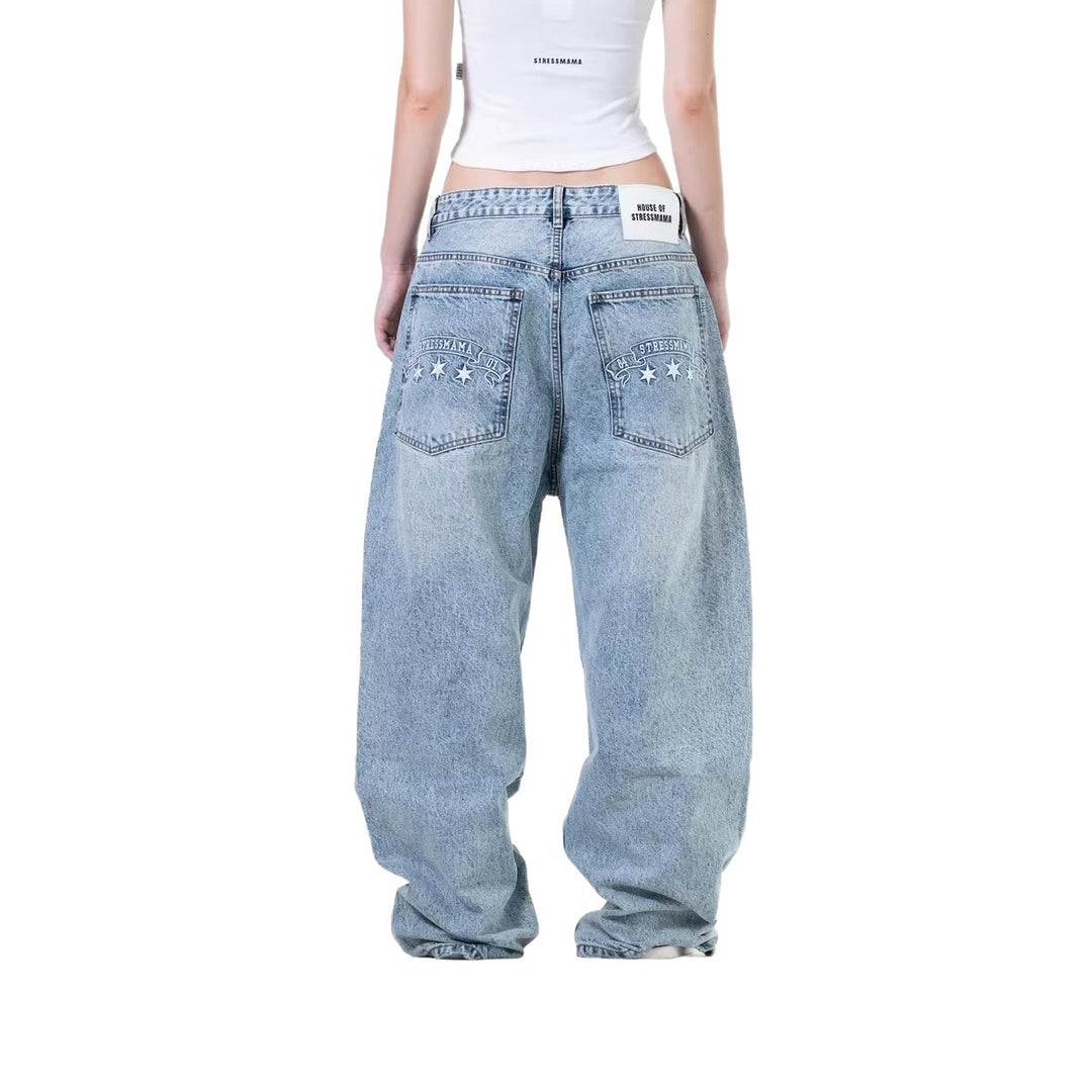 Women's wide denim jeans with stylish embroidery design StylebySassy