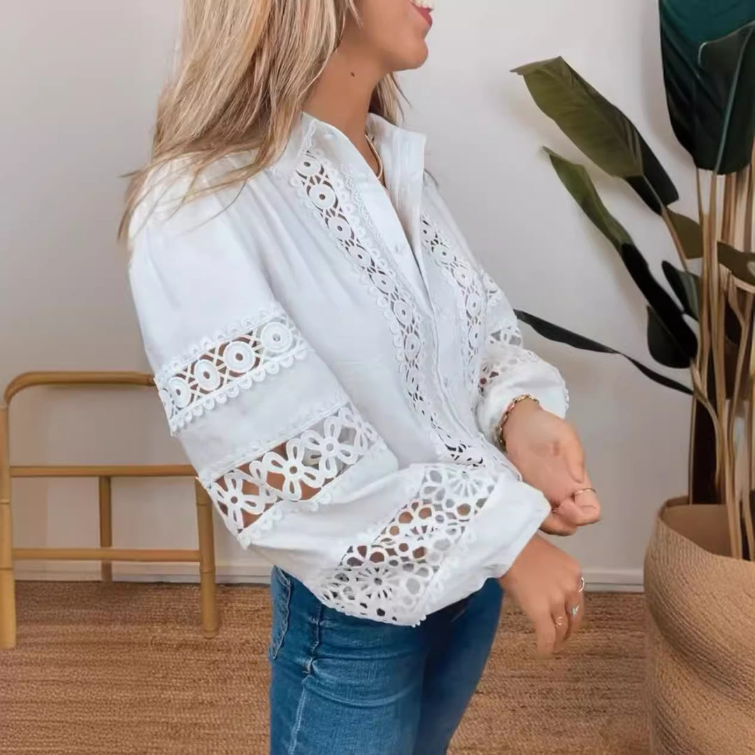Women's crochet lace blouse with V-neck, perforated embroidery and balloon sleeves StylebySassy