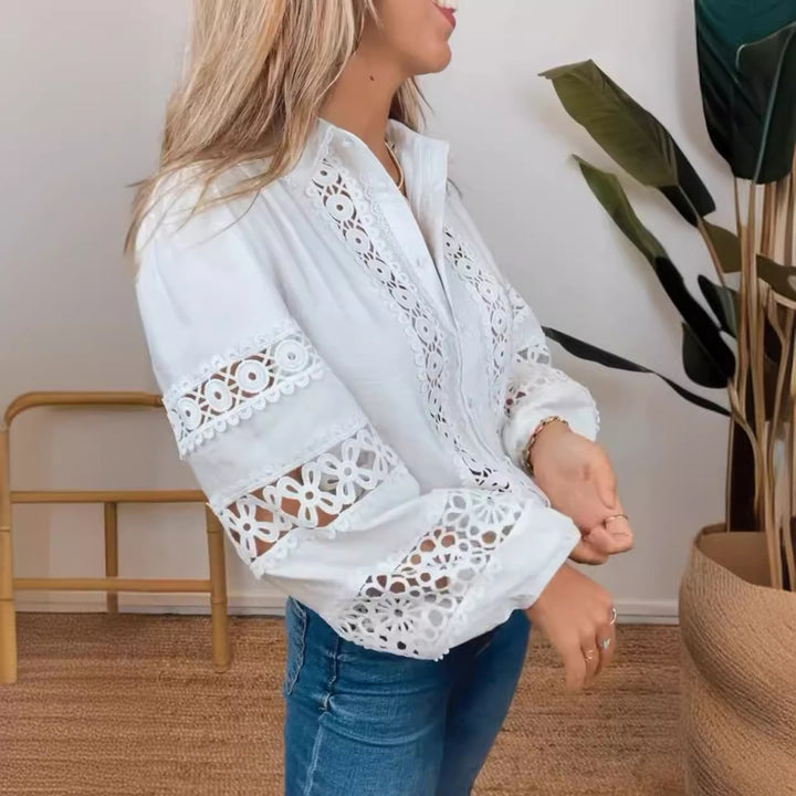 Women's crochet lace blouse with V-neck, perforated embroidery and balloon sleeves StylebySassy