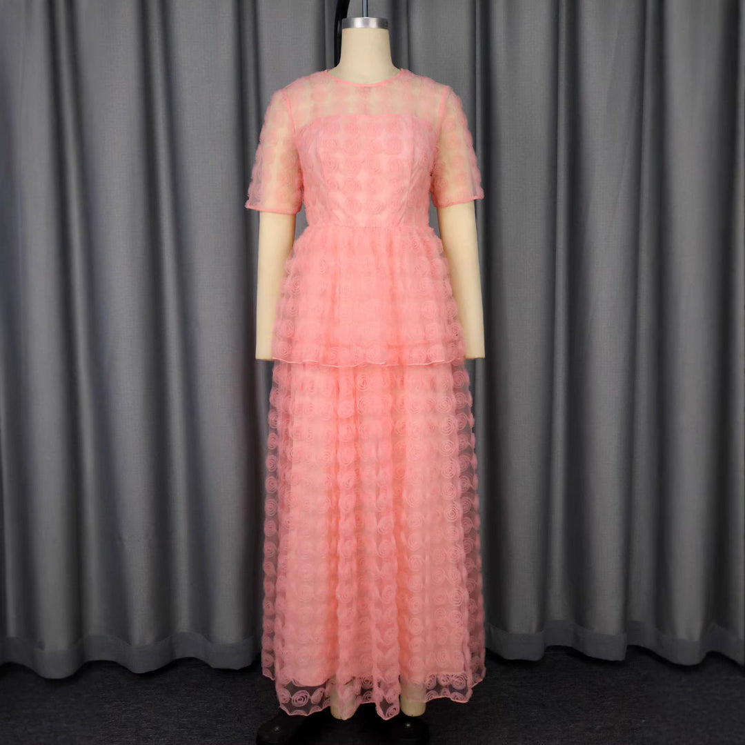 Women romantic tulle dress with floral design and layered skirt