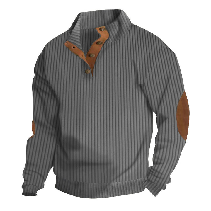 Men's structured ribbed pullover with short button collar and suede elbow patches StylebySassy
