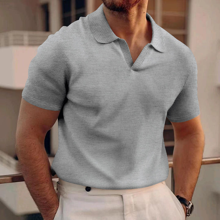 Men's lightweight short-sleeve polo made from waffle jersey with an open V-neck and shirt collar StylebySassy