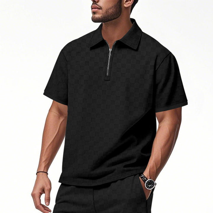 Men's short half-zip polo shirt made of structured waffle piqué with shirt collar and fitted silhouette StylebySassy