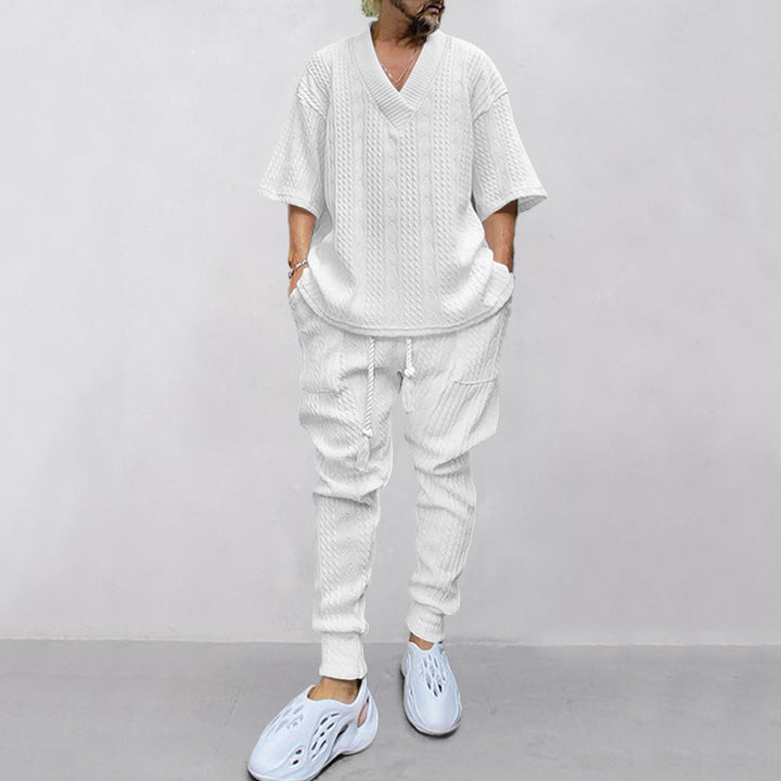 Men's casual knit set with V-neck and drawstring jogger pants StylebySassy
