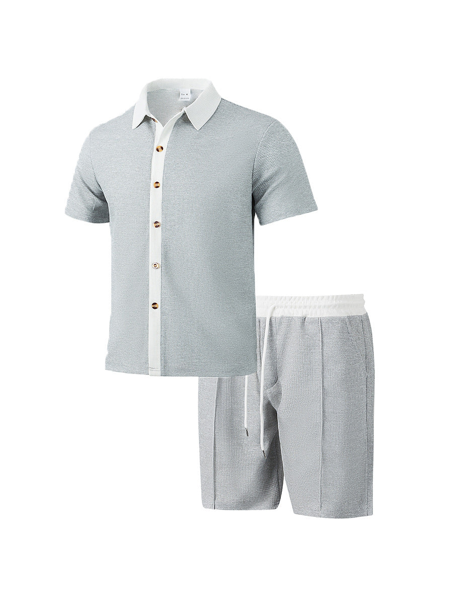 Men's modern leisure set made of fine textured jersey with shirt collar button placket and drawstring shorts StylebySassy