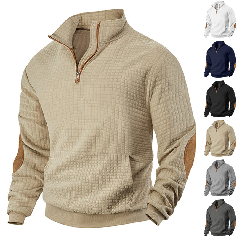 Men's structured half-zip pullover with kangaroo pocket and elbow patch StylebySassy