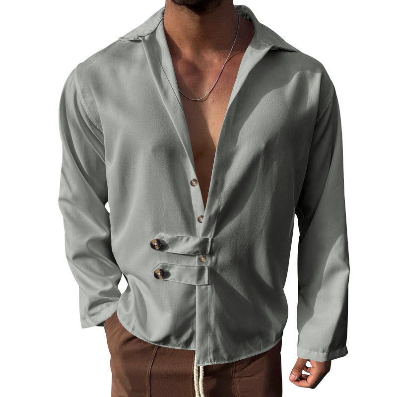 Men's modern long-sleeved shirt with deep neckline and asymmetrical strap look StylebySassy