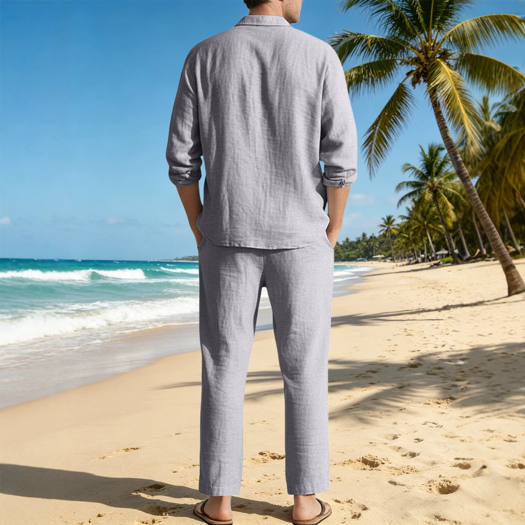 Men's relaxed linen set with open shirt collar and loose drawstring pants StylebySassy