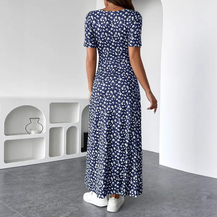 Women nan tailored V-neck wrap maxi dress made of viscose jersey with short sleeves and A-line hem StylebySassy