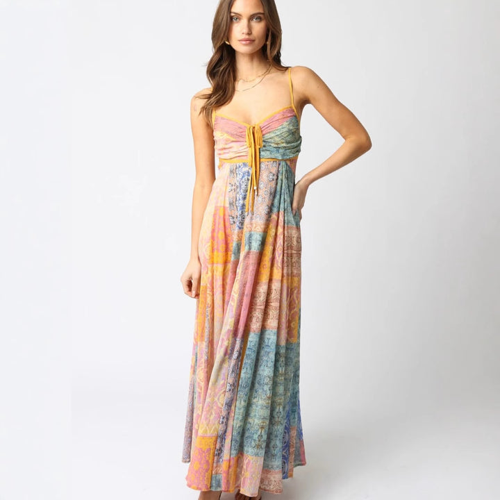 Ladies' ankle-length maxi dress with gathered bustier, drawstring, and patchwork print StylebySassy