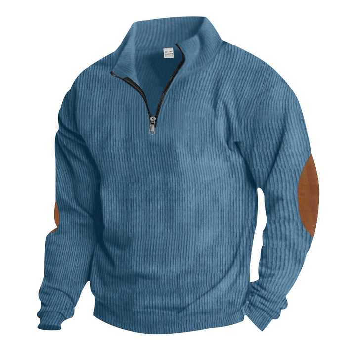 Men's knitted fine knit pullover with short zipper stand-up collar and leather-look elbow patches StylebySassy