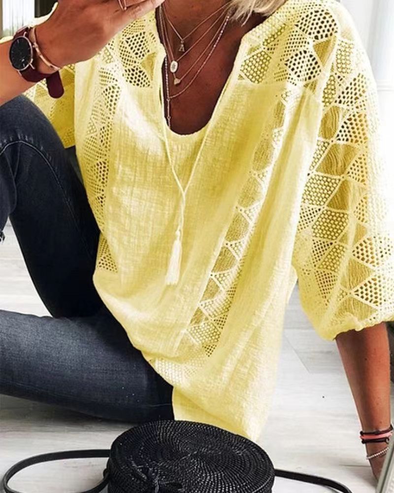 Women's airy crochet blouse with V-neck and balloon sleeves StylebySassy