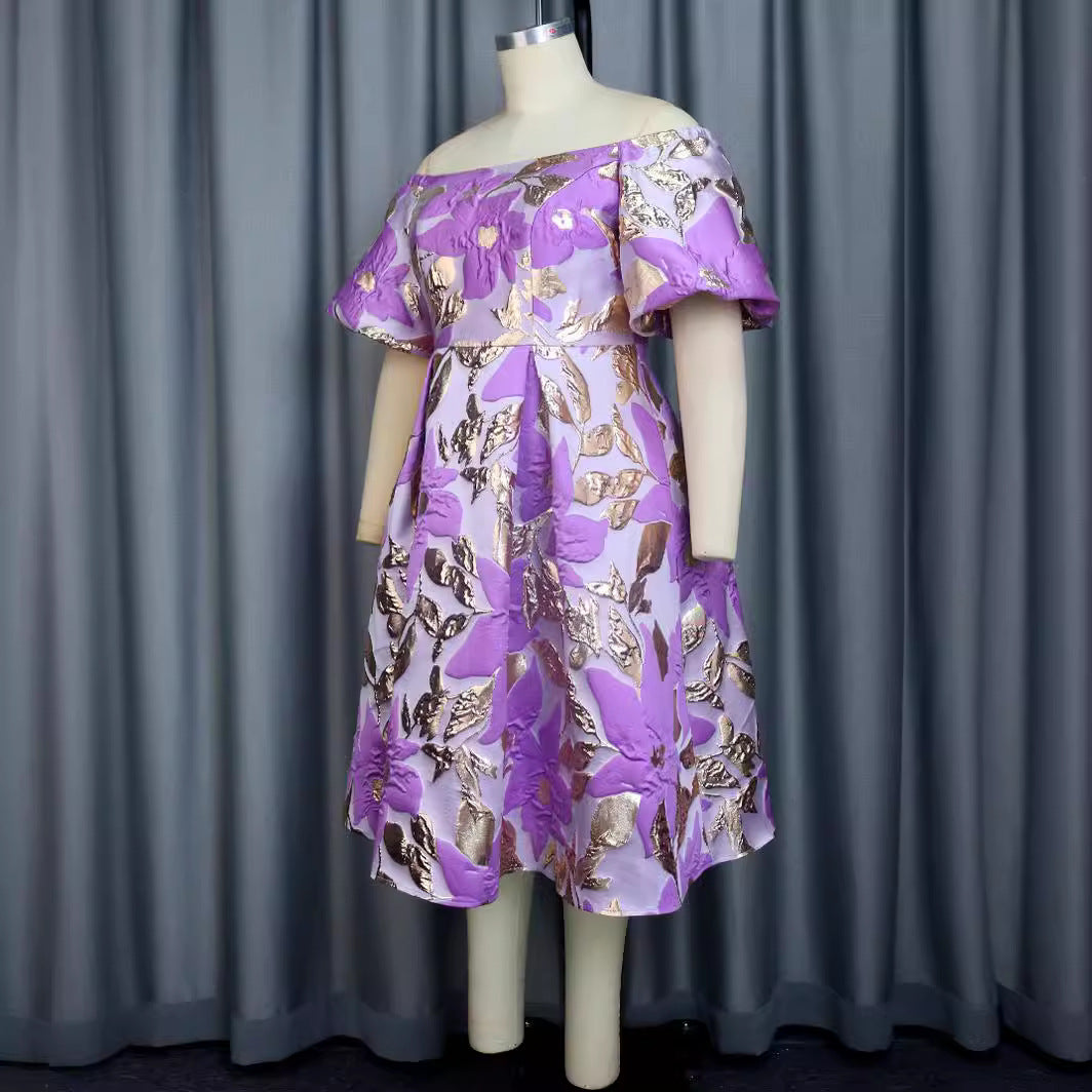 Ladies Off-Shoulder Dress with Floral Embossed Details StylebySassy