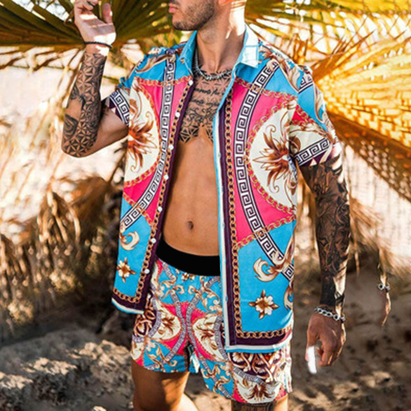 Men's short-sleeved shirt with baroque pattern and matching loose-fitting shorts StylebySassy
