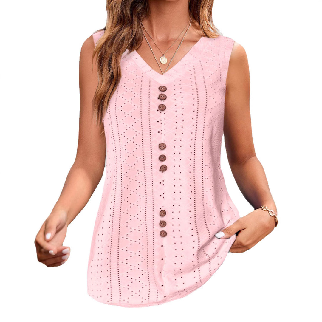 Women's sleeveless broderie anglaise top with V-neck and decorative button placket StylebySassy