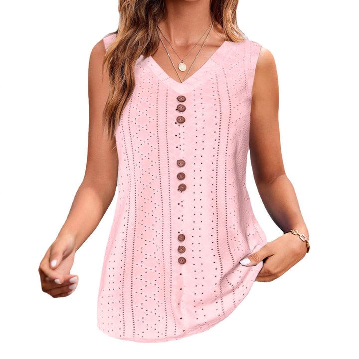 Women's sleeveless broderie anglaise top with V-neck and decorative button placket StylebySassy
