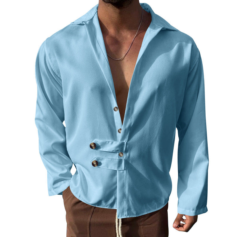 Men's modern long-sleeved shirt with deep neckline and asymmetrical strap look StylebySassy