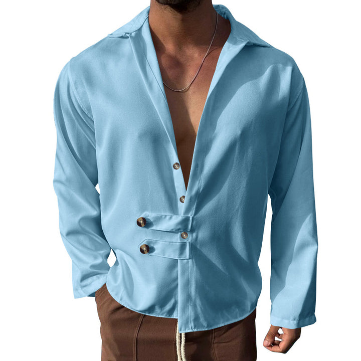 Men's modern long-sleeved shirt with deep neckline and asymmetrical strap look StylebySassy