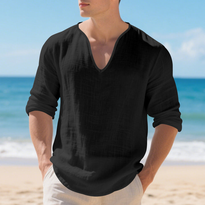 Men's lightweight linen V-neck shirt with a loose fit and roll-up sleeves StylebySassy