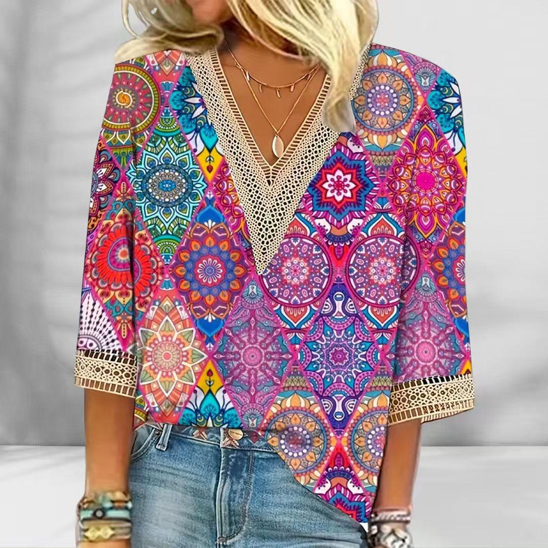 Women's nano locker falling Mandala patchwork tunic with deep V-neckline and crochet lace trim StylebySassy