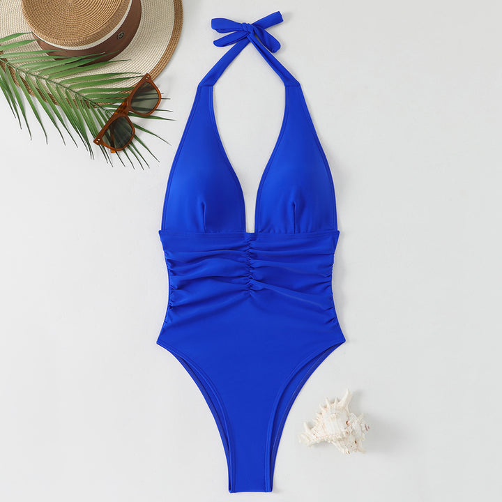 Women's high-cut swimsuit with elegant V-neckline and playful ruffle detail StylebySassy