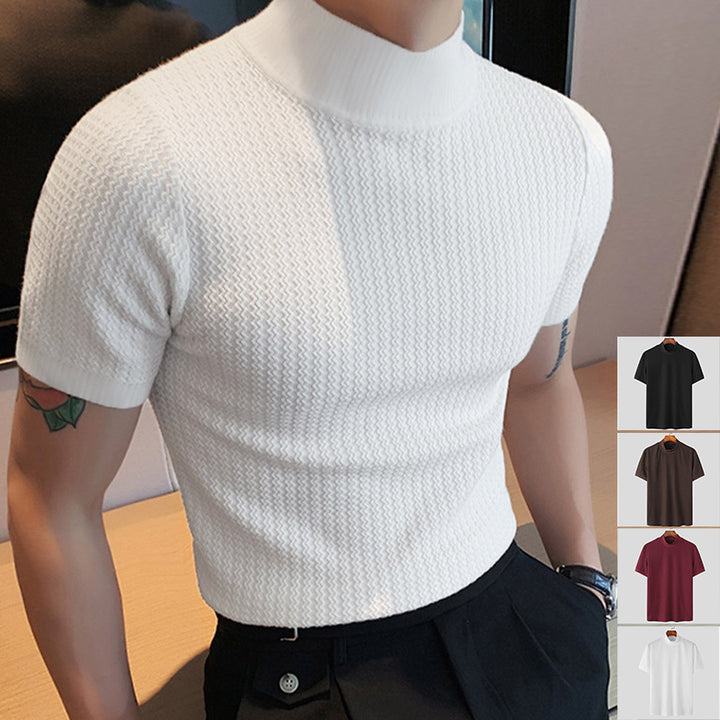 Men's short sleeve fine knit shirt with stand-up collar StylebySassy
