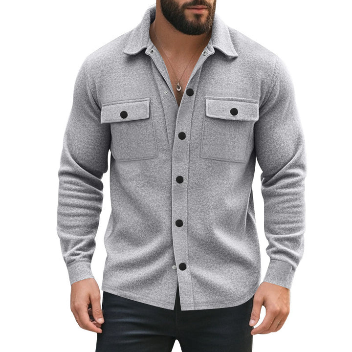 Men's unlined shirt jacket with fleece lining, patch chest pockets and snap button placket StylebySassy