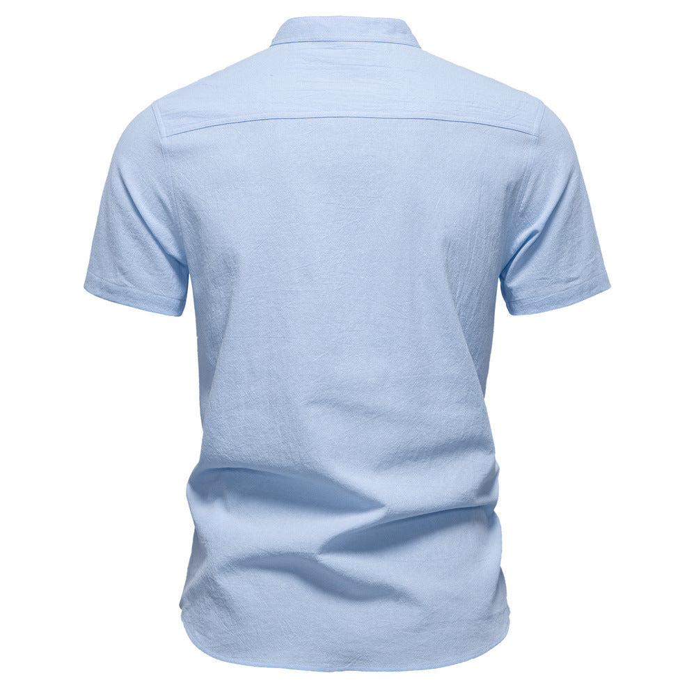 Men's casual short-sleeve shirt with stand-up collar, half button placket, and lightly textured cotton-linen quality StylebySassy