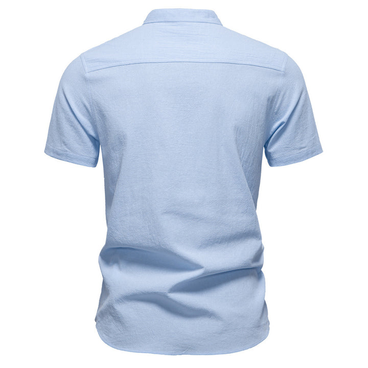 Men's casual short-sleeve shirt with stand-up collar, half button placket, and lightly textured cotton-linen quality StylebySassy