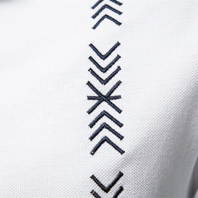 Men's nan casual polo with short button placket, embroidered arrow motif panel, and stand-up collar StylebySassy
