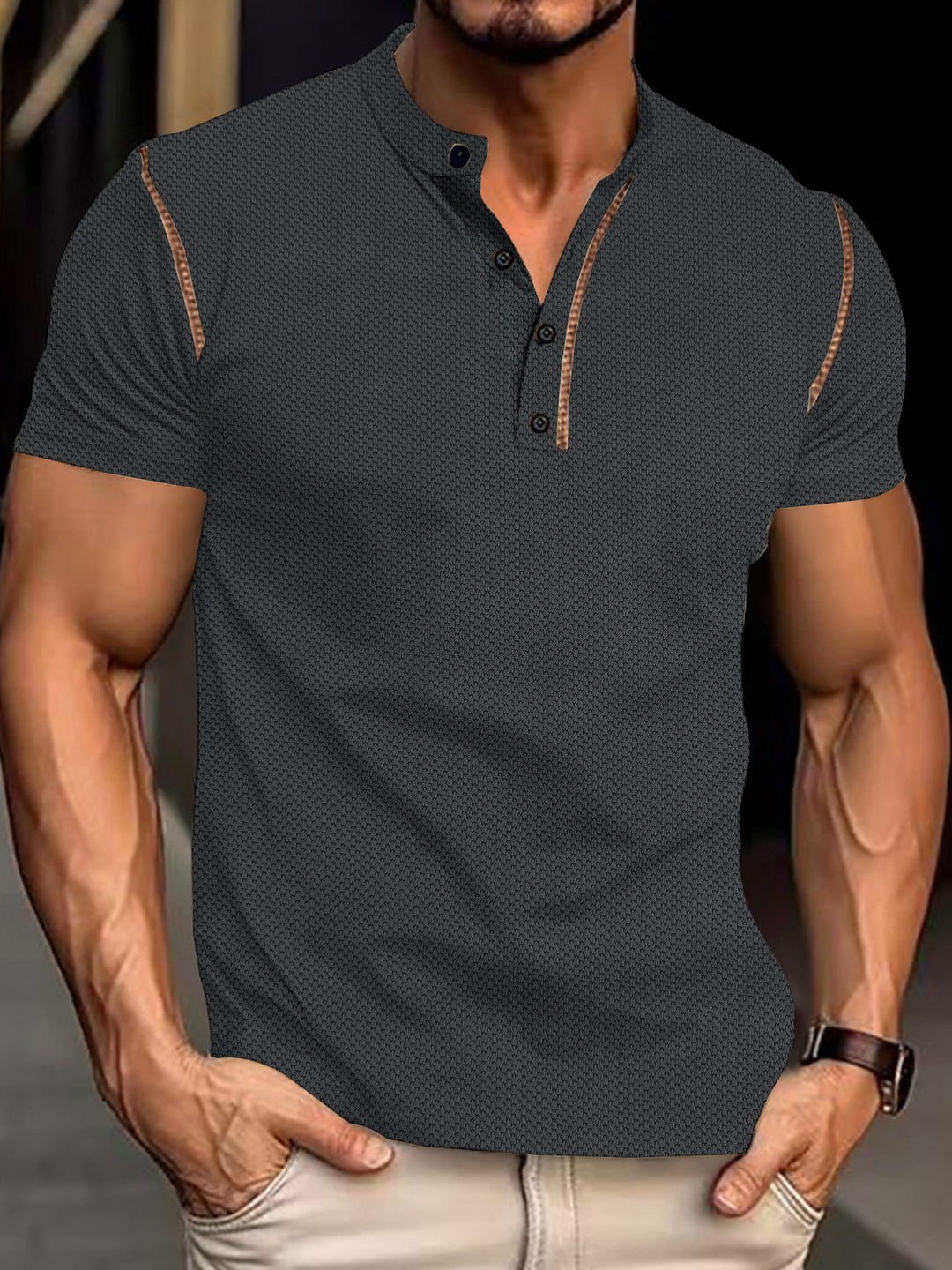 Men's tapered structured polo shirt with stand-up collar and decorative piping StylebySassy
