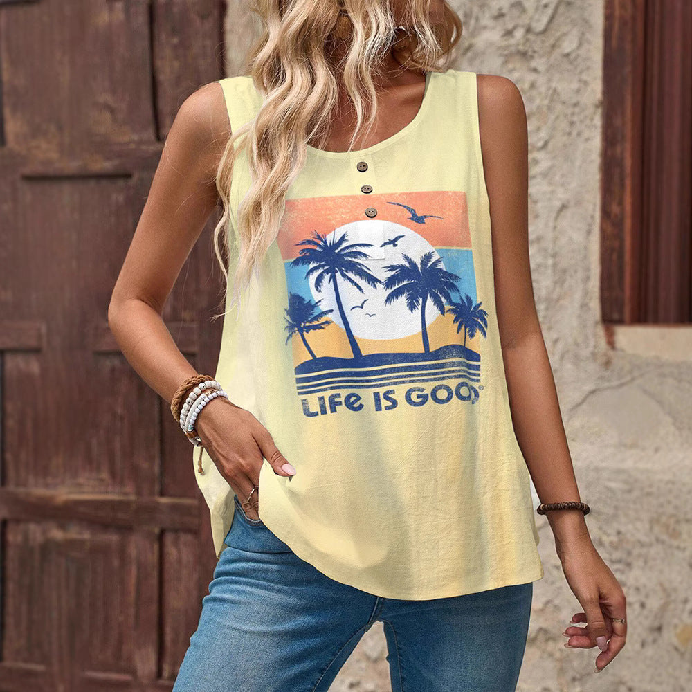 Women's sleeveless summer top with palm motif, decorative button placket and loose fit StylebySassy
