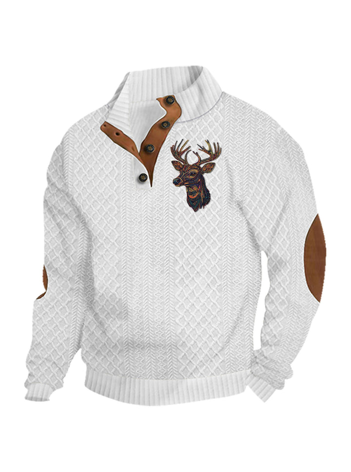 Men's nan Heritage textured pullover with stand-up collar faux leather trim elbow patches and half-button placket StylebySassy