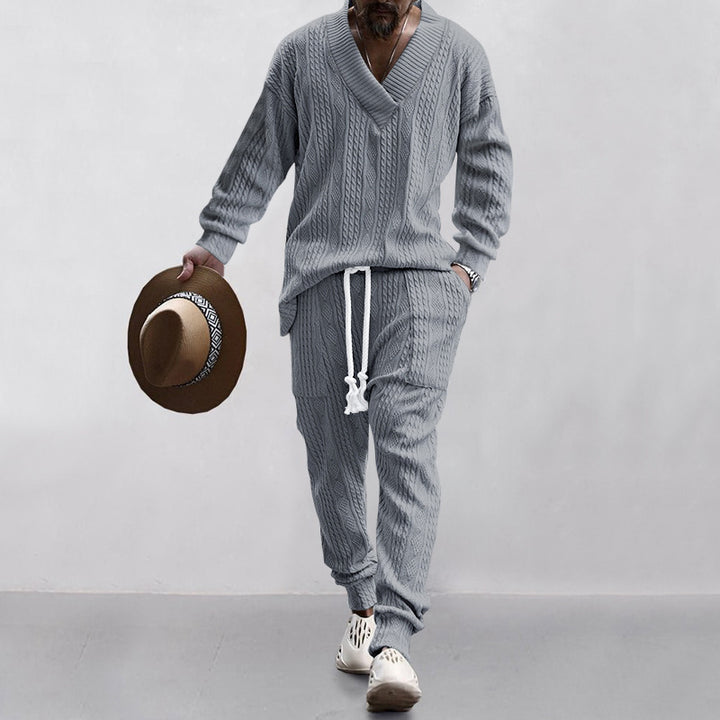 Men's comfortable cable knit set with deep V-neck, drawstring joggers and cuff StylebySassy