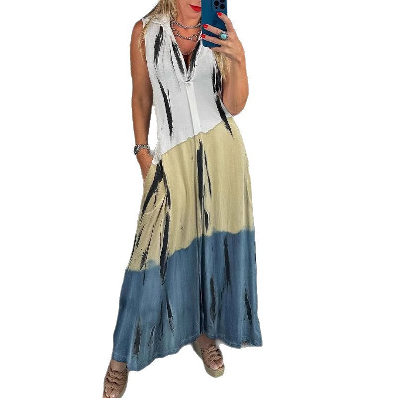 Women's sleeveless long dress with shirt collar, side insertion pockets, and brush stripe pattern StylebySassy