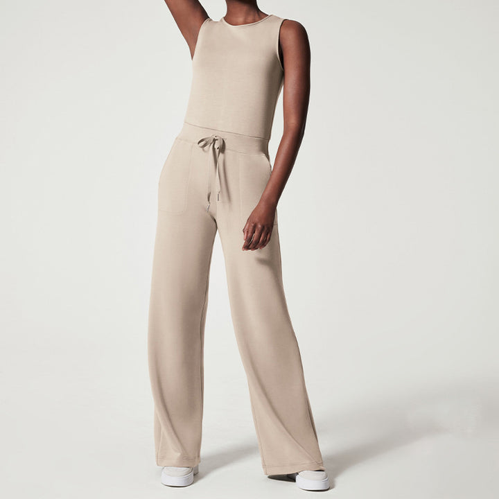 Women's sleeveless knitted jumpsuit with wide palazzo legs, drawstring waistband, and patch pockets StylebySassy