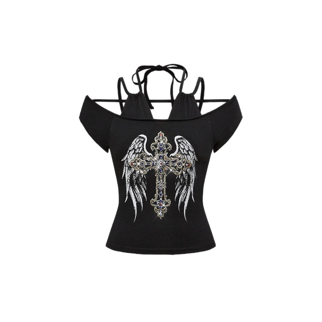 Women Off-Shoulder Top with Sparkling Cross Design StylebySassy