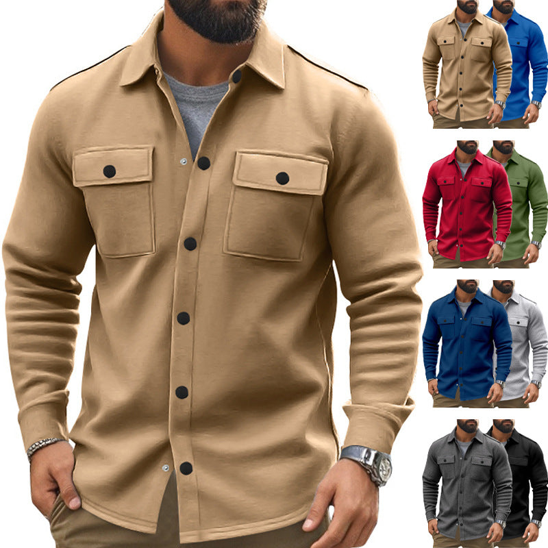 Men's sturdy wool fleece overshirt jacket with patch breast pockets and snap button placket StylebySassy