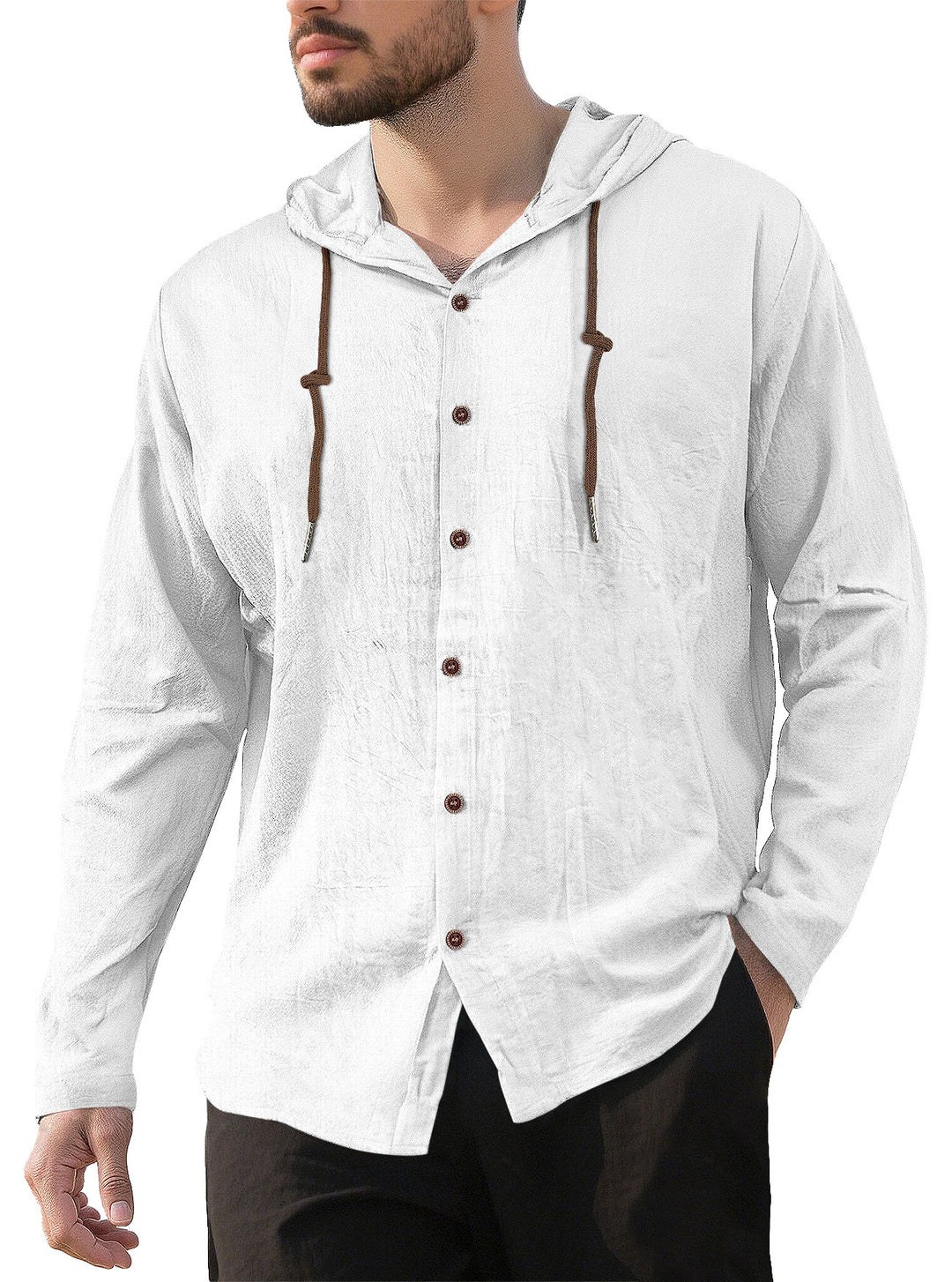 Men's textured linen blend hooded shirt with button placket, wood buttons, and side slits StylebySassy