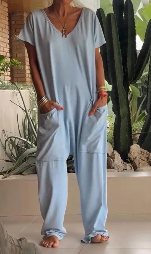 Women's comfortable oversized jumpsuit with V-neck, deep crotch and inset pockets StylebySassy