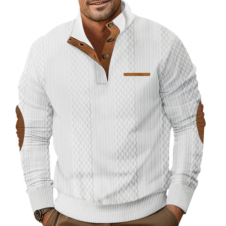 Men's knitted pullover with stand-up collar, button placket and elbow patches StylebySassy