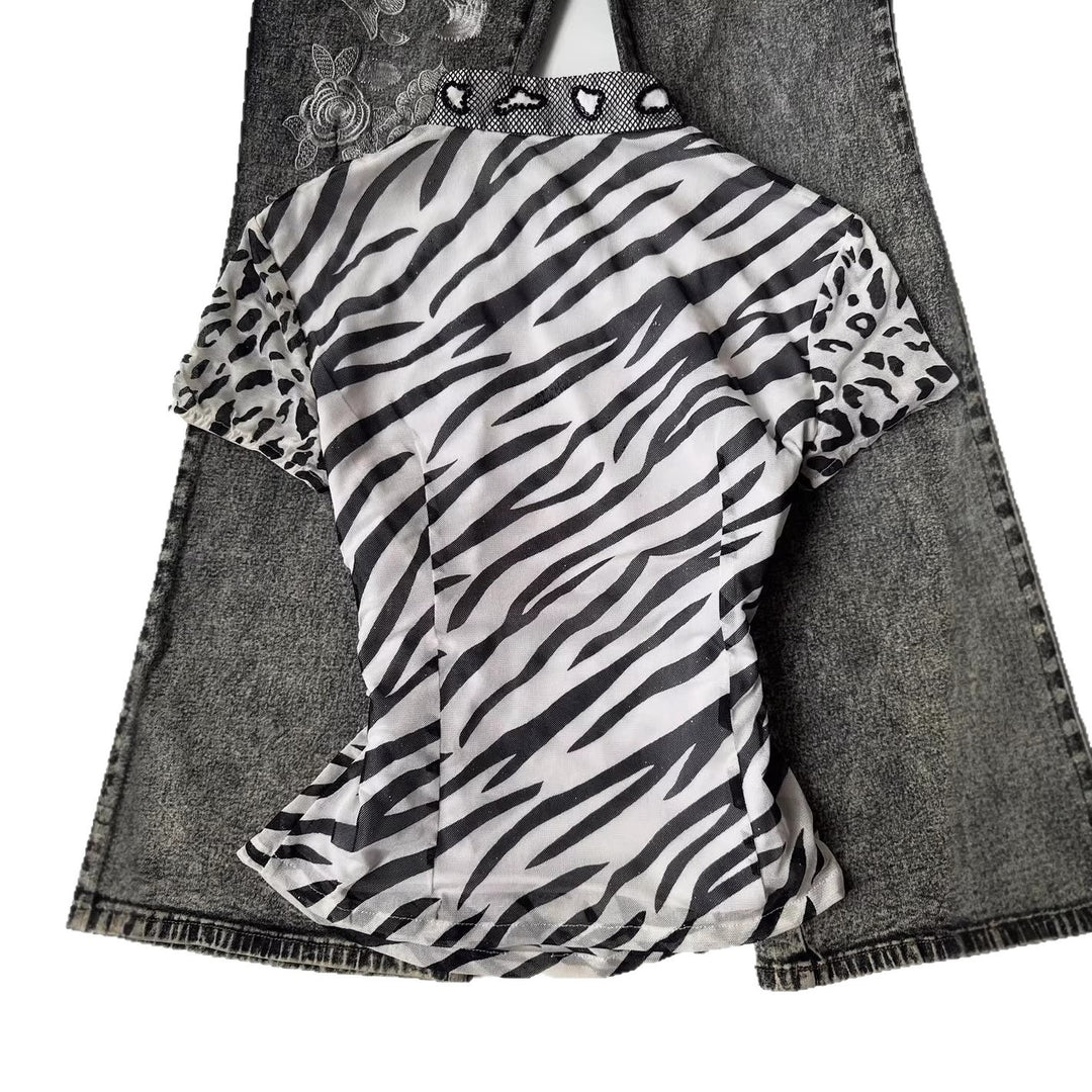 Ladies fashionable T-shirt with animal pattern and decorative collar StylebySassy