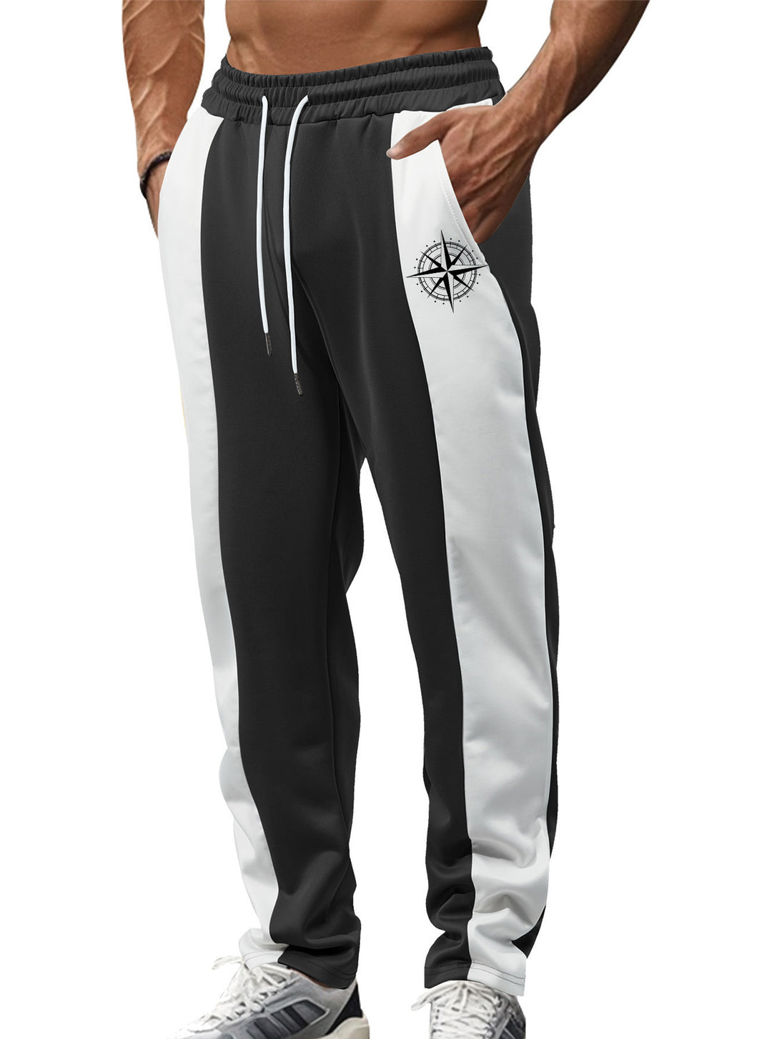 Men's sporty track pants with side contrast stripes, elastic waistband, drawstring, and deer embroidery StylebySassy